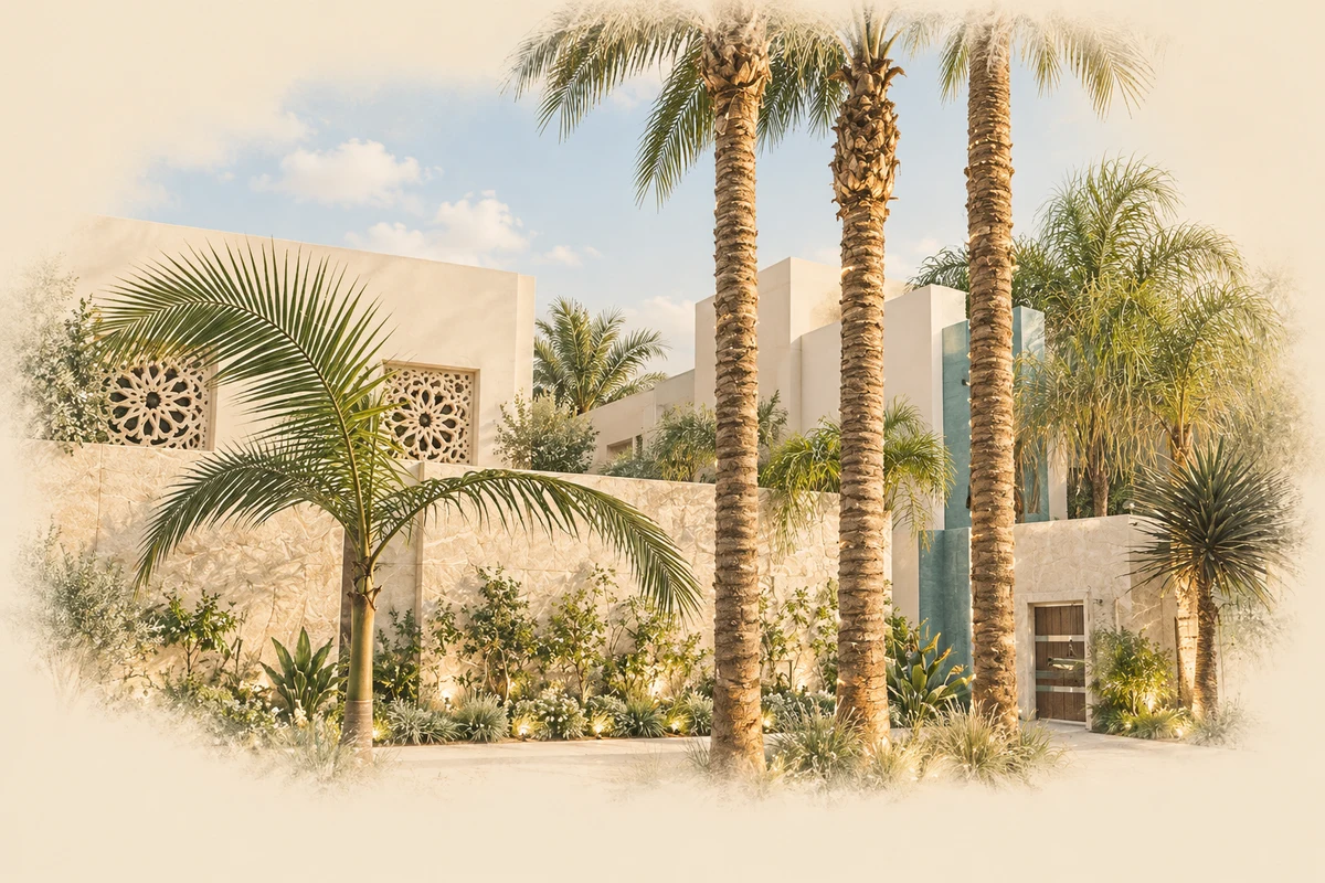 Illustration de la façade du Palais Annakhil et de ses palmiers